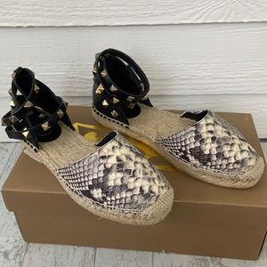 Ash Leather Faux Snakeskin Black Sandals 6 7 Espadrille Ankle Wrap Studded Strap